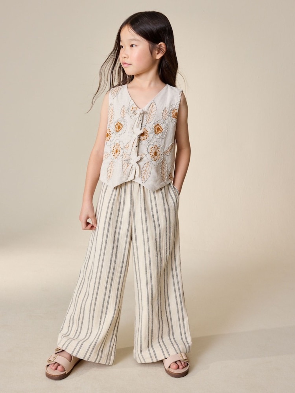 Next Neutral Embroidered Waistcoat and Wide Leg Trousers Set NWT Size 9yrs